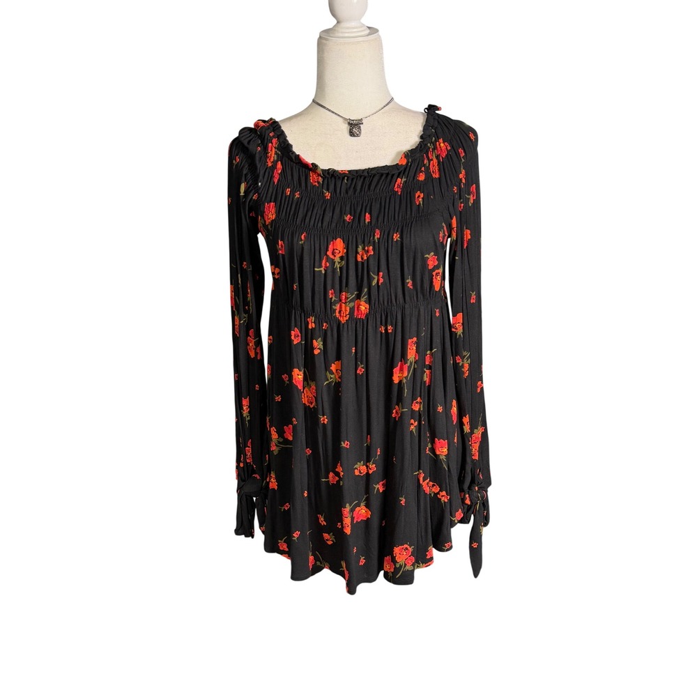Free People NWT Black Floral Smocked Tunic Blouse Bell Sleeve Boho Top dress